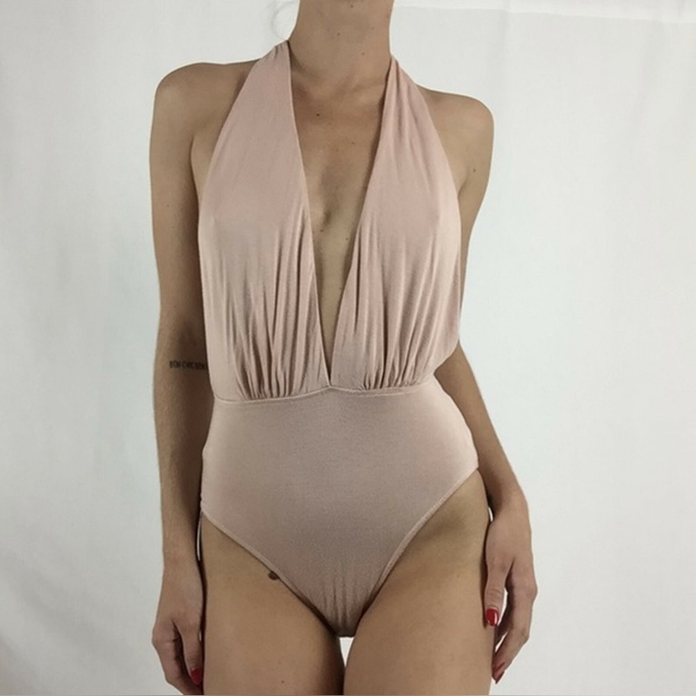 House of CB Plunging Halter One-Piece Swimsuit in Blush (120)